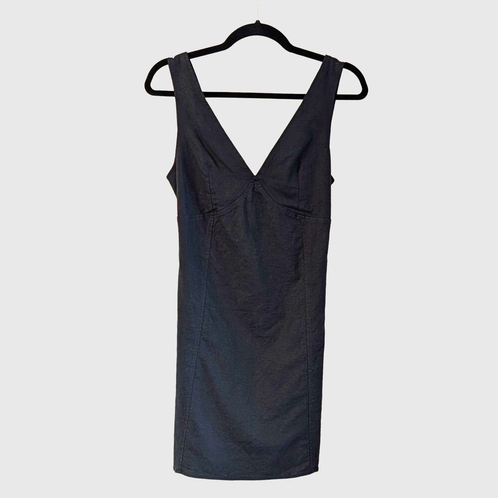 Open Edit Black Linen Blend Sleeveless Tie Back Midi Dress Small Classic Modern